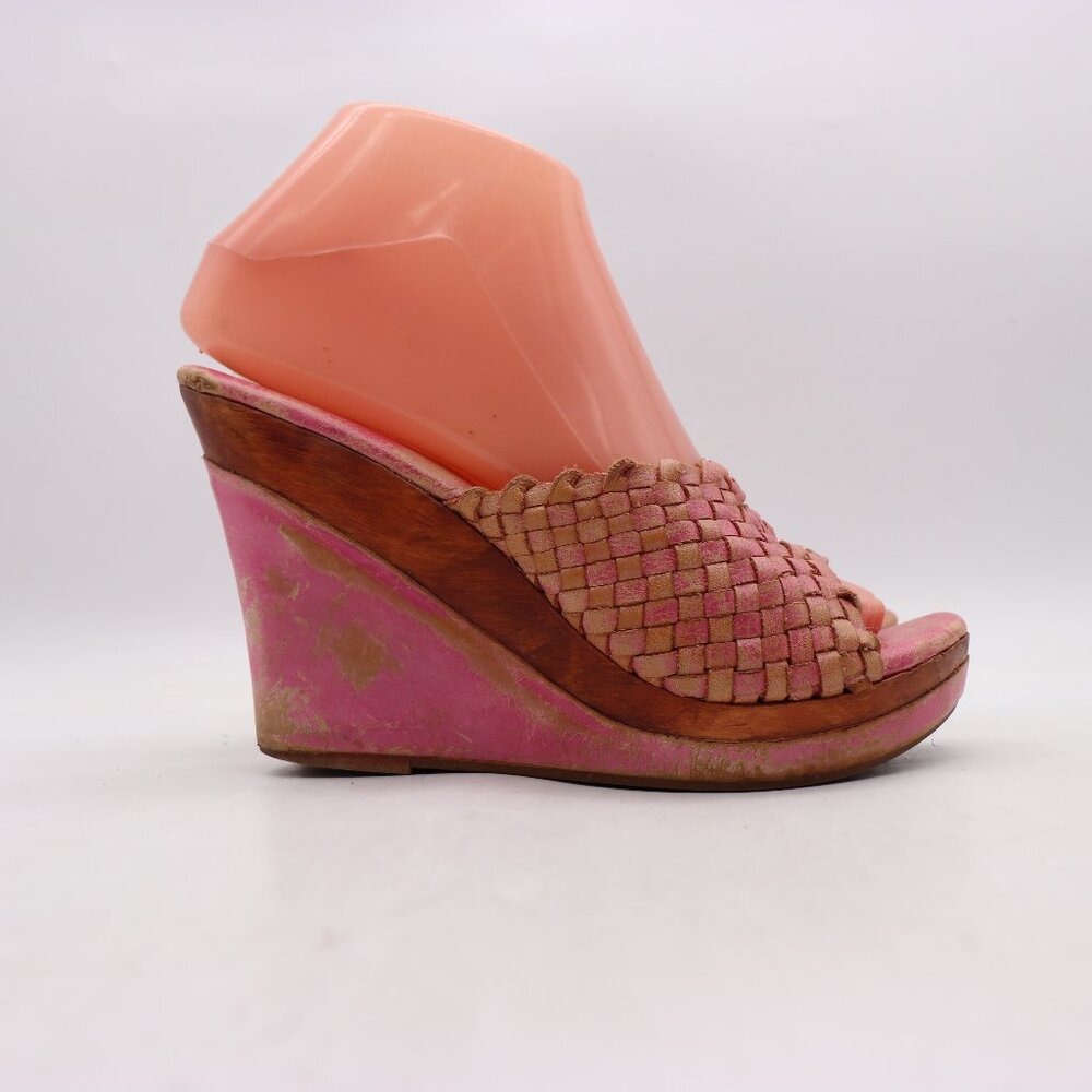 Bed Stu Pink Woven Leather Wedge Sandals